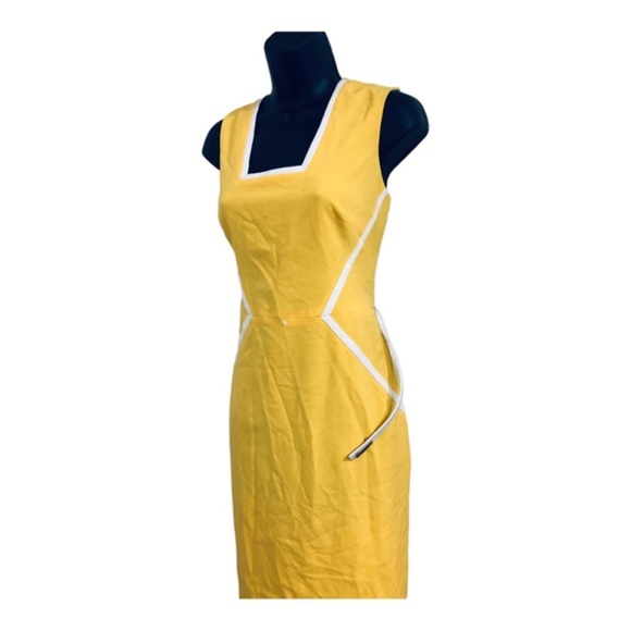Calvin klein yellow white color block square neck belted sheath dress size 6 new - Picture 4 of 16